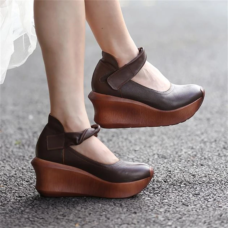 

Женские туфли на танкетке, кожаные водонепроницаемые туфли на толстой подошве, повседневная износостойкая обувь в стиле ретро, на весну