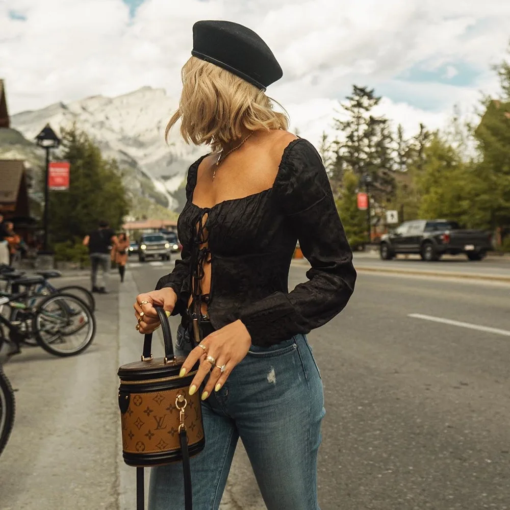 Женские блузки на шнуровке одежда с длинным рукавом и v-образным вырезом черная