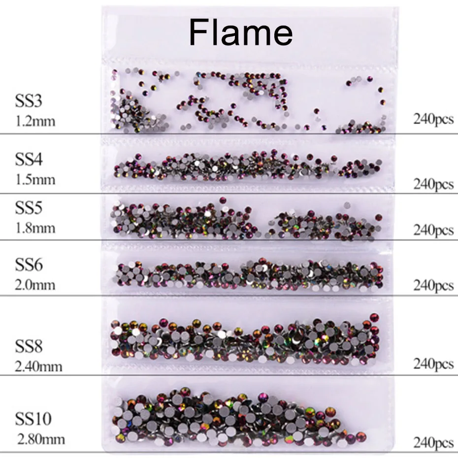 Flame 1440 шт голографическое искусство ногтей Стразы SS3-SS10 смешанные размеры плоское с оборота стекло белое AB пламя Кристалл Камень Дизайн ногтей украшения JI880 - Цвет: Flame