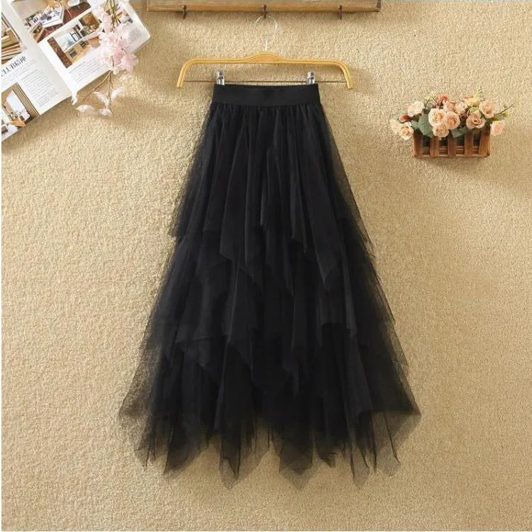 Women Sweet Midi Spring And Summer High Waist Solid Asymmetrical Elegant Chic White Mesh Tulle Skirts Faldas