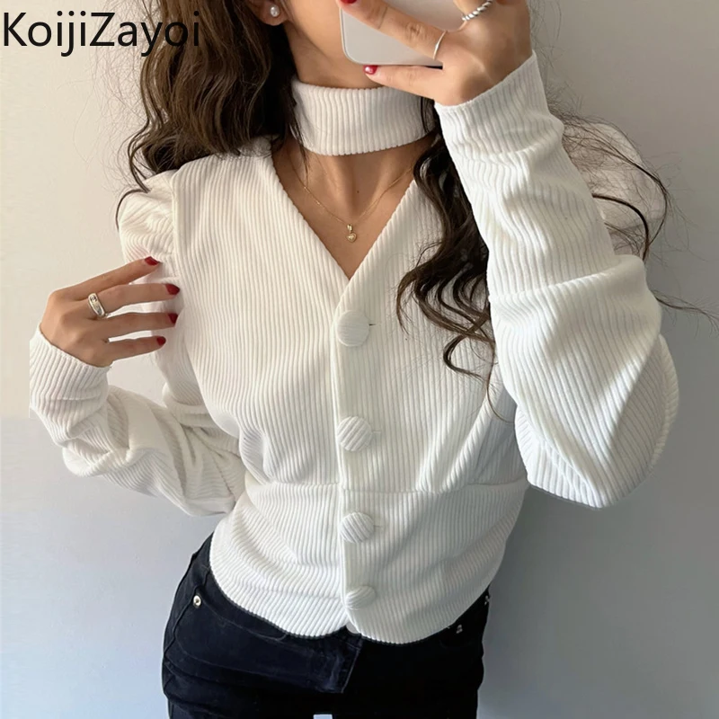 

Женский однобортный короткий свитер Koijizayoi, винтажный кардиган с пышными рукавами и V-образным вырезом, однотонные трикотажные топы, женская...