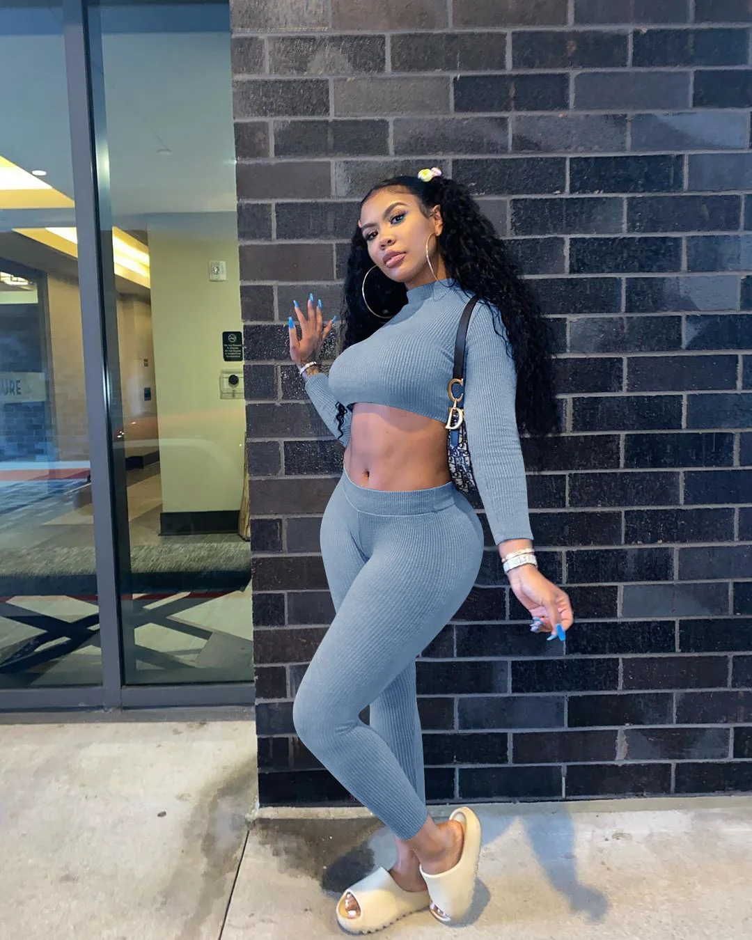 

Spring Autumn Womens Ribbed Tracksuit Long Sleeve Solid Color High Collar Tops High Waist Trouser Tight Sports Set Outfits