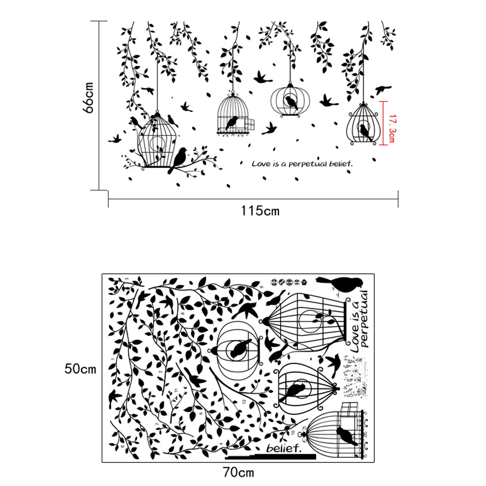 

Black Bird Cage Leave Silhouette Patterns PVC Wall Stickers TV Background Wall Stickers Decorative Wall Stickers for Kids Rooms