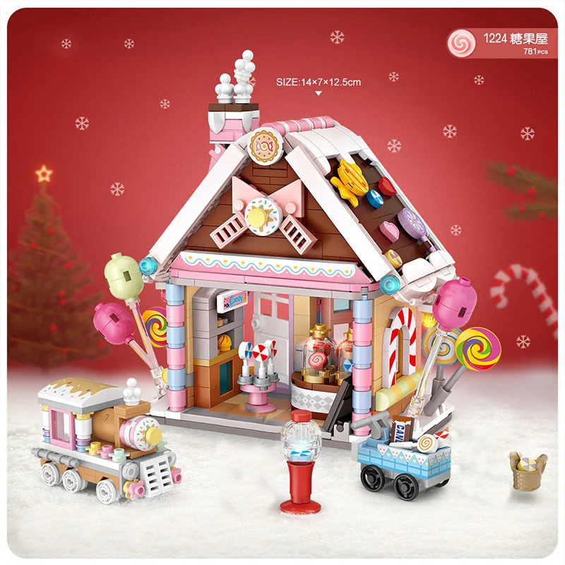 2022 New Year Christmas Winter Village Candy House Girl Stocking Gift Mini Building Blocks Bricks Toys