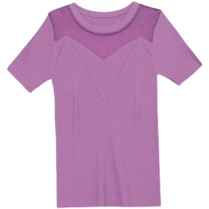 

Summer New Casual Sexy Mesh Stitching Knitted Tops Hollow Out Women Shirt Slim O-neck Short-sleeved T-shirt Streetwear Tees Tops