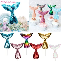 mermaid cake toppers colorful sequins mermaid tail cupcake topper happy birthday cake decorations kids baby shower wedding decor