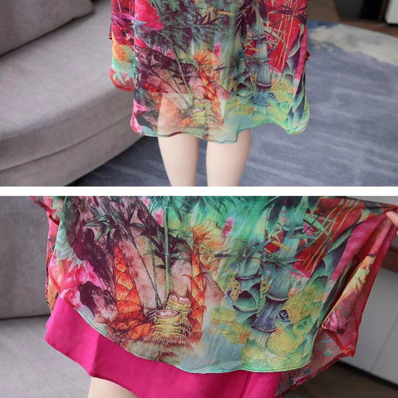 

2021 Women Summer O-neck Short Sleeve Floral Print Silk Dress Tunic Sundress Loose Mini Party Dresses Vestidos Plus Size 3XL