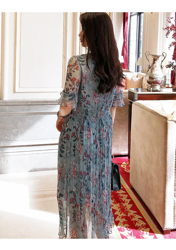 

L912NT672 Spring Clothing New Style Fashion Ladies' Popular Floral-Print Mid-length Waist Hugging Crew Neck 100% Silk Dress