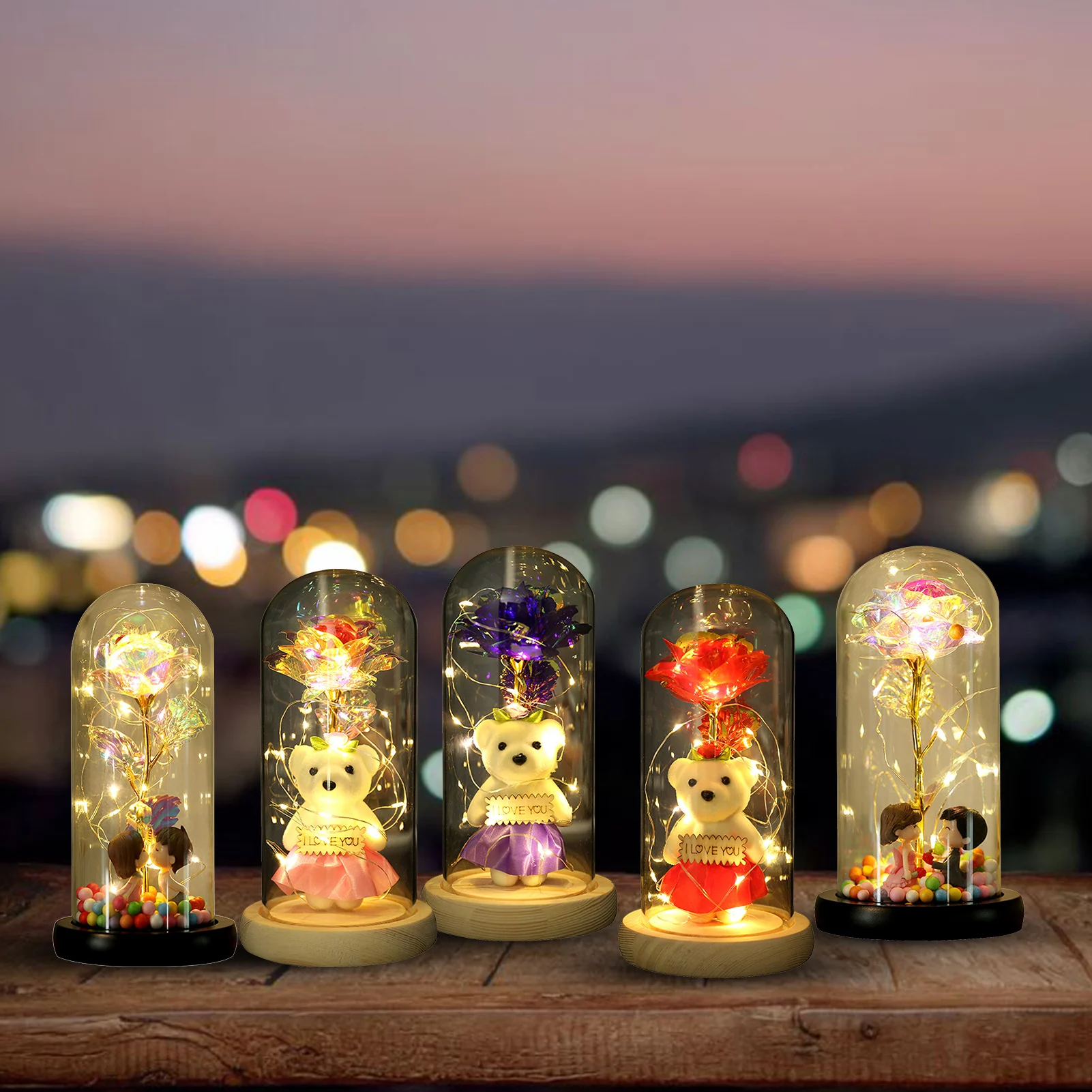 

Artificial Flower Rose Glass Cover With LED Light String In Glass Dome Gifts Romantic Lover In Glass Cover Valentine's Day Gift