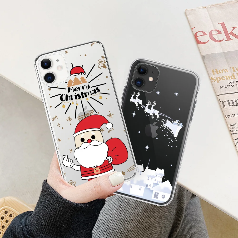 

moskado Santa Claus Snowflakes Elk Phone Case for iphone 11 Pro Max 12 13 Mini X XS Max 7 8 Plus Dust-proof Mobile Phone Shell