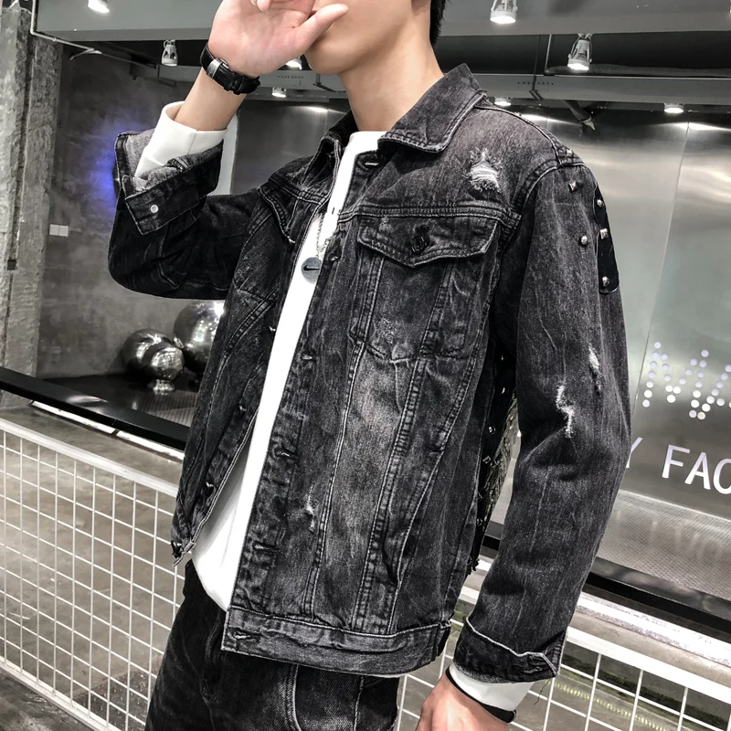 

Spring Mens Brand Denim Jacket Wolf Cowboy Clothes Punk Sequins Men Streetwear Ripped Hole Jeans Jacket Coat Casual Outerwear