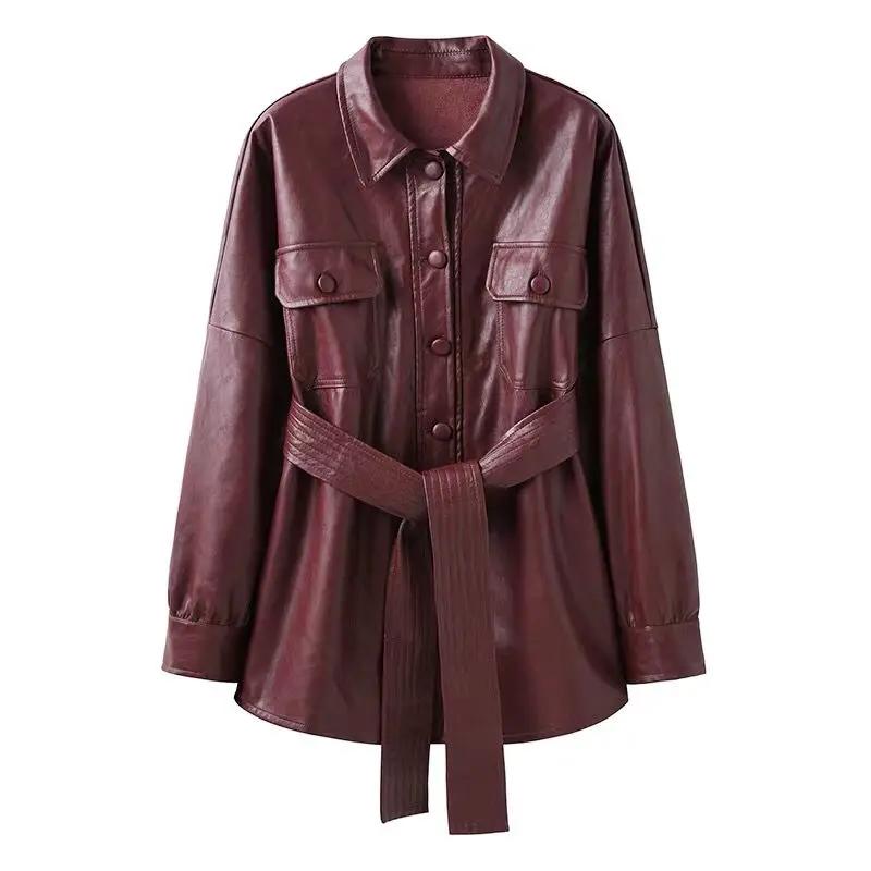 

Fitaylor Leather Jacket Women Tie Belt Waist Pockets Outwear Fashion Single Button Coats Burgundy Casual Elegant Faux Pu Jackets