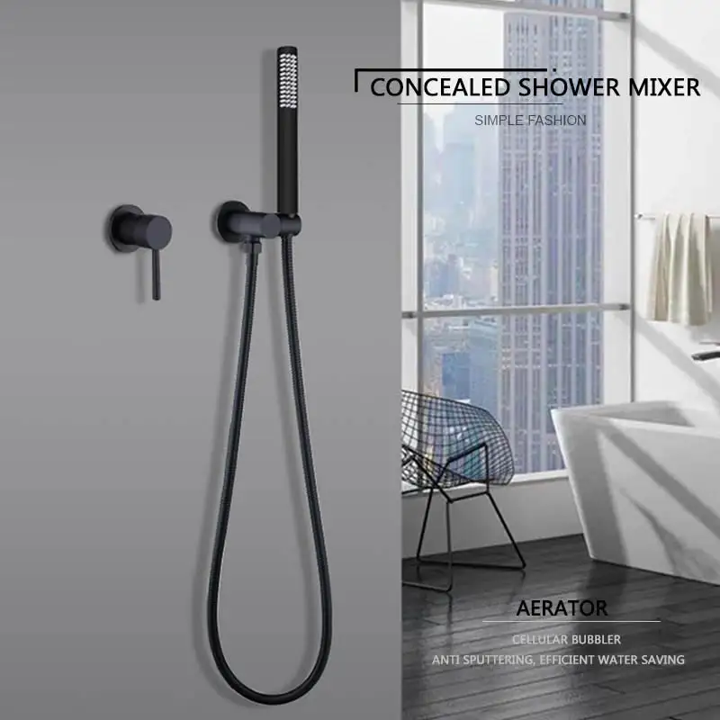 

Matte Black Shower Faucet Set Concealed Wall Mounted Embedded Bathroom Shower Mixer Vlave Hand Held Shower Head Black Brass