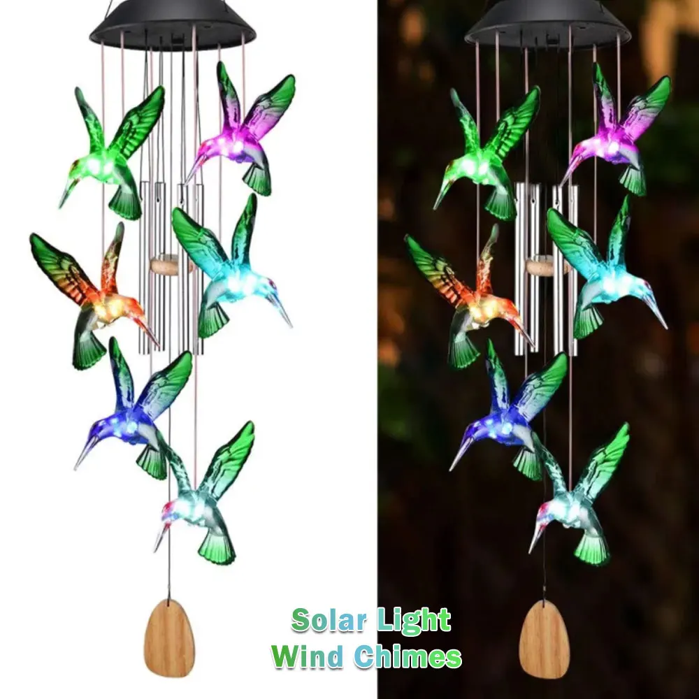 

LED Colorful Solar Power Wind Chime Crystal Hummingbird Butterfly Waterproof Outdoor Windchime Solar Light for Garden