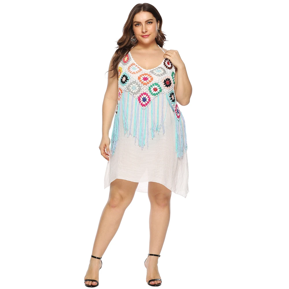 Платье женское вязаное крючком с бахромой без рукавов V-образным вырезом размера