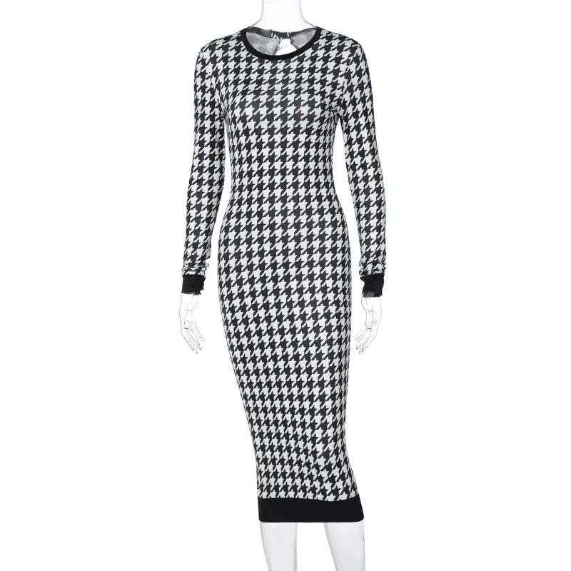 

Vintage Black and White Plaid Dress Woman Autumn Winter Long Sleeve Midi Dresses Sexy Back Hollow Out Ladies Fashion Clothes Y2K