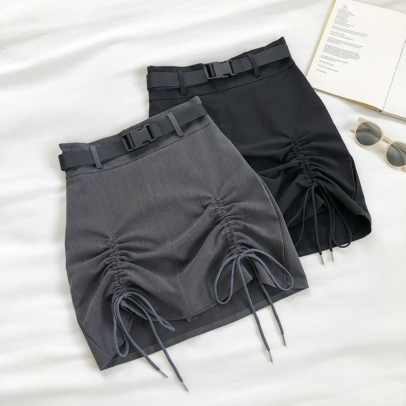 

Женская трапециевидная мини-юбка выше колена, однотонная офисная трапециевидная мини-юбка в Корейском стиле, с высокой талией и поясом на з...