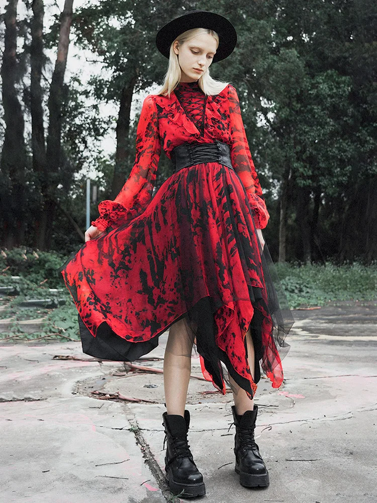 Панк Rave Женская готика Высокая шея шнуровка с длинными рукавами нерегулярные