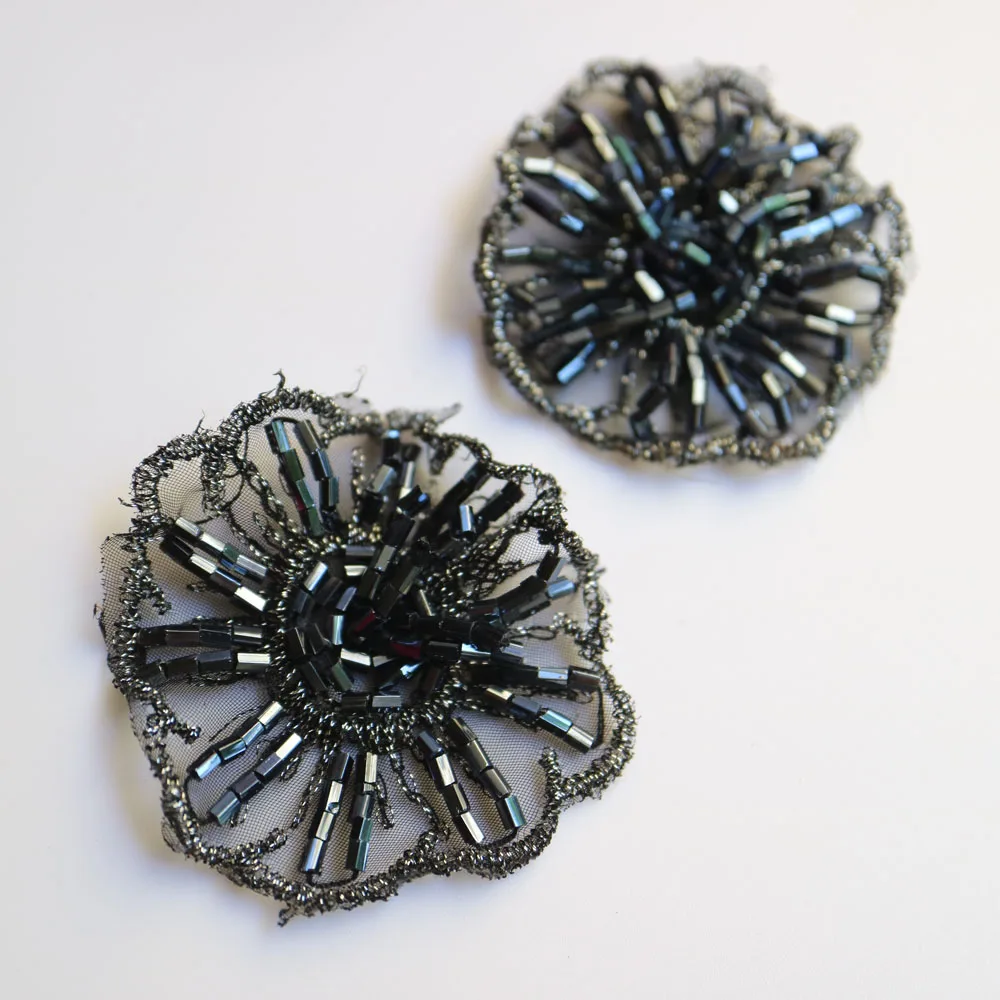 

2pcs/lot black flower beaded appliques patches for clothing DIY sew on rhinestone patch Embroidery parches bordados para ropa