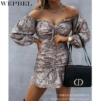 wepbel sexy lace up dress womens casual slim print pleated dress autumn backless strapless lantern sleeve dress