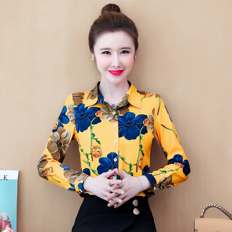 

Summer Autumn New Women's Blouses Polo Shirt Long Sleeve Top Stitching Blouse Printing Chiffon Casual Fashion Loose Houthion