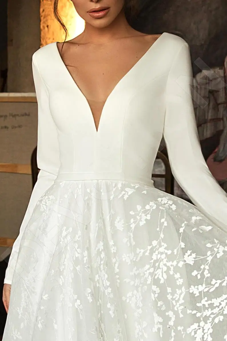 Цветочное свадебное платье с длинным рукавом в стиле бохо 2019 глубоким V-образным