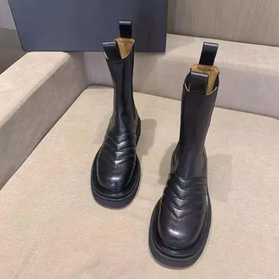 

Pu Split Leather Ankle Boots Women Round Toe Wave Pattern Flat Platform Motorcycle Boots Black Chelsea Boots Elastic Band Shoes