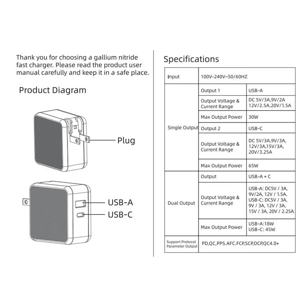 

65W TYPE-C USB-C Power Adapter,1Port PD60W QC3.0 Charger For USB-C Laptops MacBook Pro/Air iPad Pro,1port USB for S8/S10 iPhone