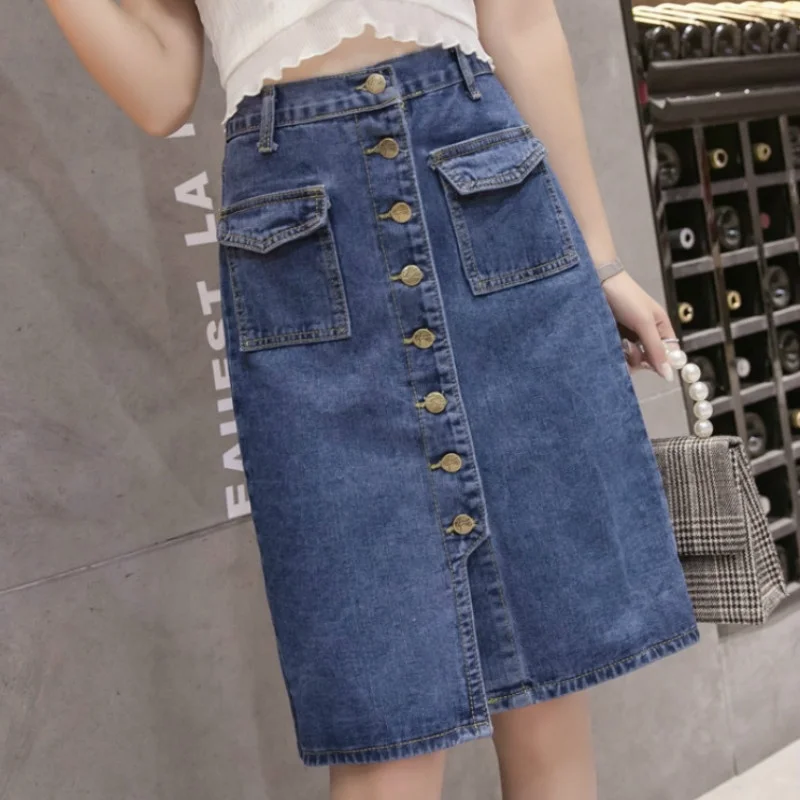 Женские летние однобортные джинсовые юбки до колена размера плюс размеры S M L XL 2XL