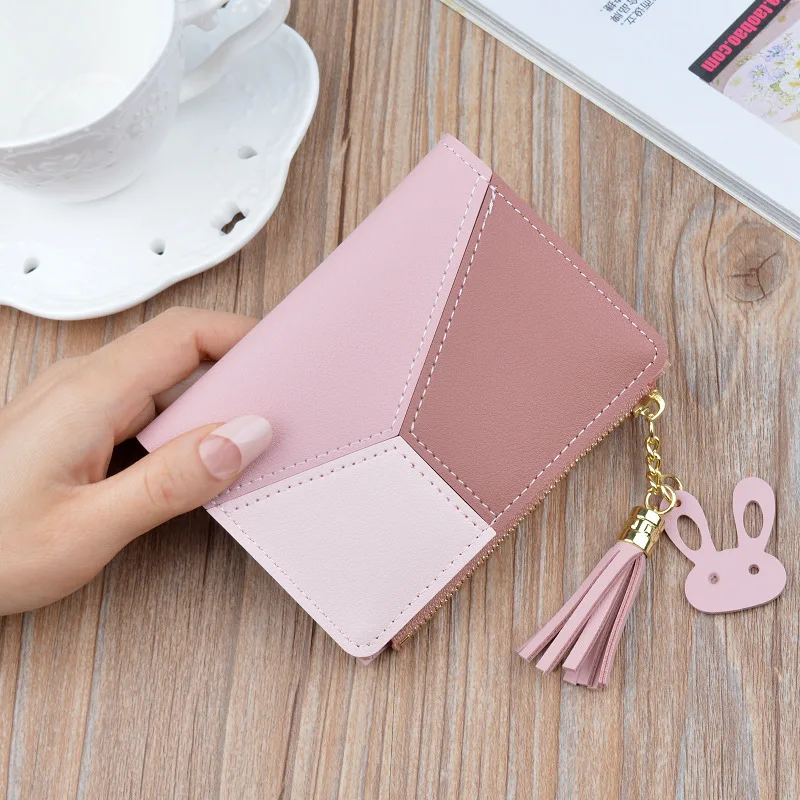 

Mini Panelled Leather Small wallet Short Tassel Coin Wallet New Patchwork Women Wallet Zipper Casual Brief Card Holder Pocket