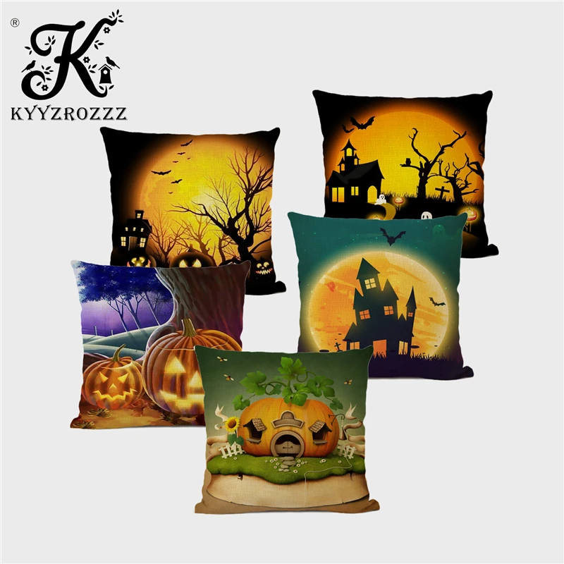 

Halloween Decoration Cushion Cover Happy Pumpkin Trick or Treat Linen Print Home Sofa Throw Pillowcase Funda Cojin 45 * 45