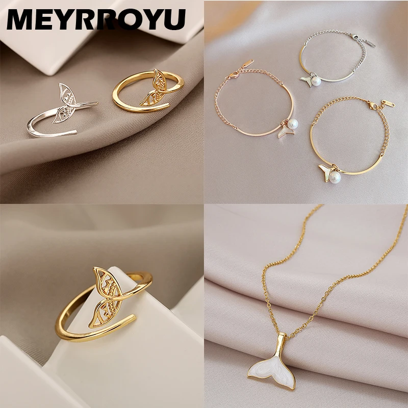 

MEYRROYU Stainless Steel Romantic 3 Color Fishtail Fashion Jewelry Set For Women Bracelet Necklace Rings 2021 Trend Party Gift