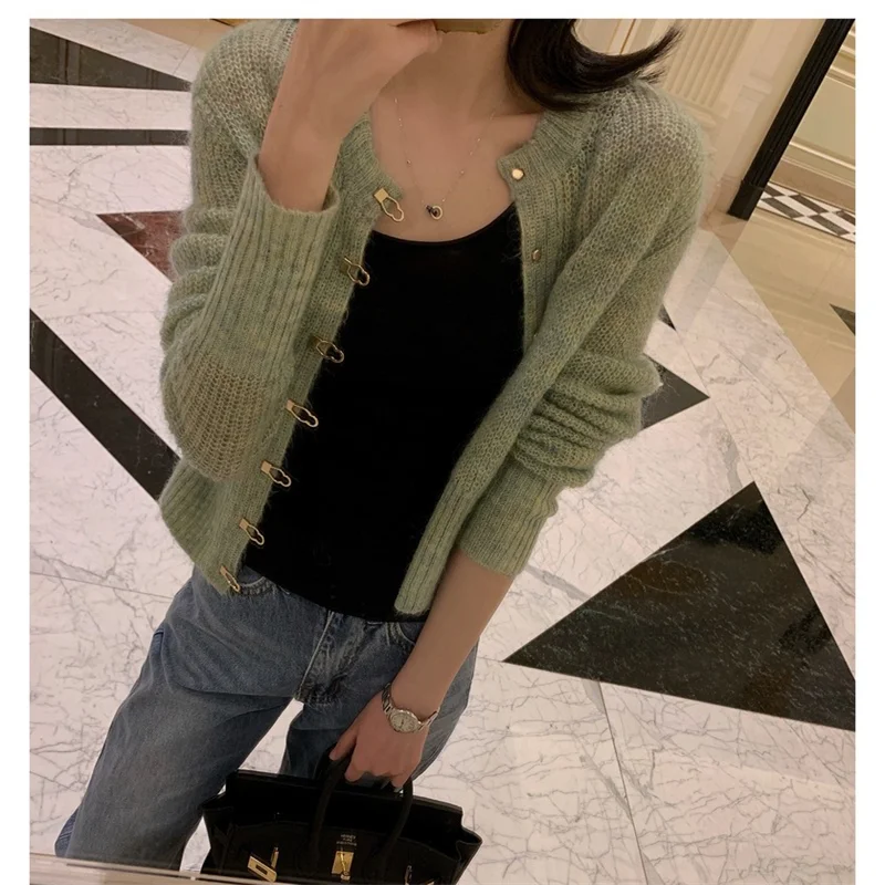 

Mohair Green Cardigan Women's Short Sweater for Fall/winter 2021 New Button All-match Coat Western Style Loose Trend
