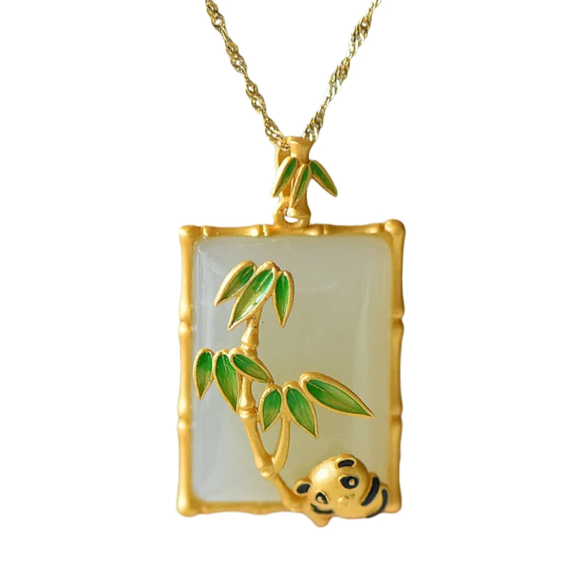 

Ожерелье с милой пандой, квадратный искусственный камень, эмалированный бамбуковый лист, кулон, винтажное ювелирное изделие для женщин, Сва...