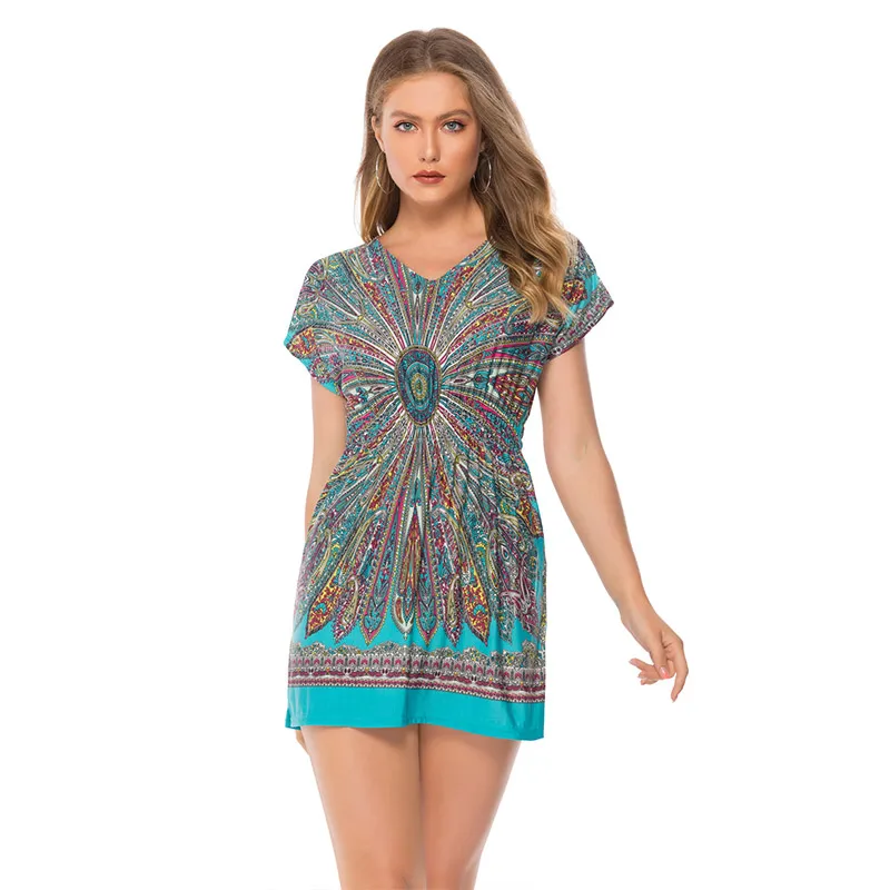 Женская короткая пляжная туника с запахом богемное летнее платье цветочным