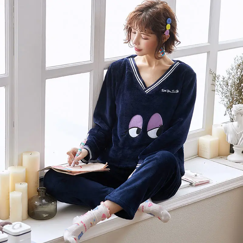 Black sleepwear Пижамы женские большие размеры пижамы из плотной ткани женские теплые длинные осенние пижамы зимний домашний костюм женская пижама домашний L-XXL - Color: Black sleepwear