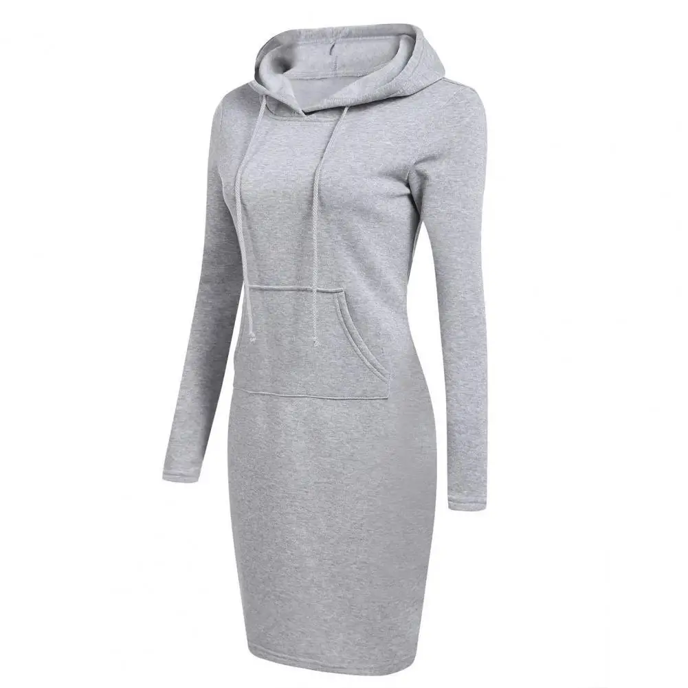 

Solid Color Hooded Sweatshirt Dress Autumn Winter Front Pocket Drawstring Slim Hoodie Dress Casual Long Pullover Streetwear