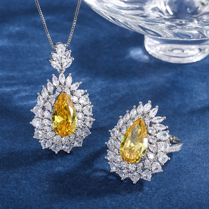 

QTT Luxury 925 Sterling Silver Yellow Gemstone Jewelry Sets for Women Diamond Wedding Party Ring Pendant Necklace Set Gift