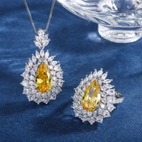 qtt luxury silver color yellow stone jewelry sets for women simulation diamond wedding party ring pendant necklace set gift