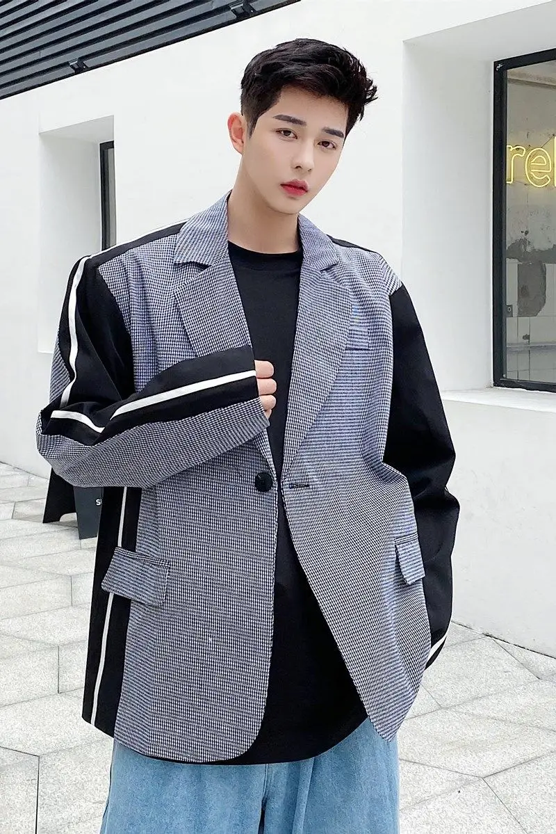 

IEFB /men's wear single button paid print patchwork blazers for male 2021 autum new loose big size design contrast color 9Y3995