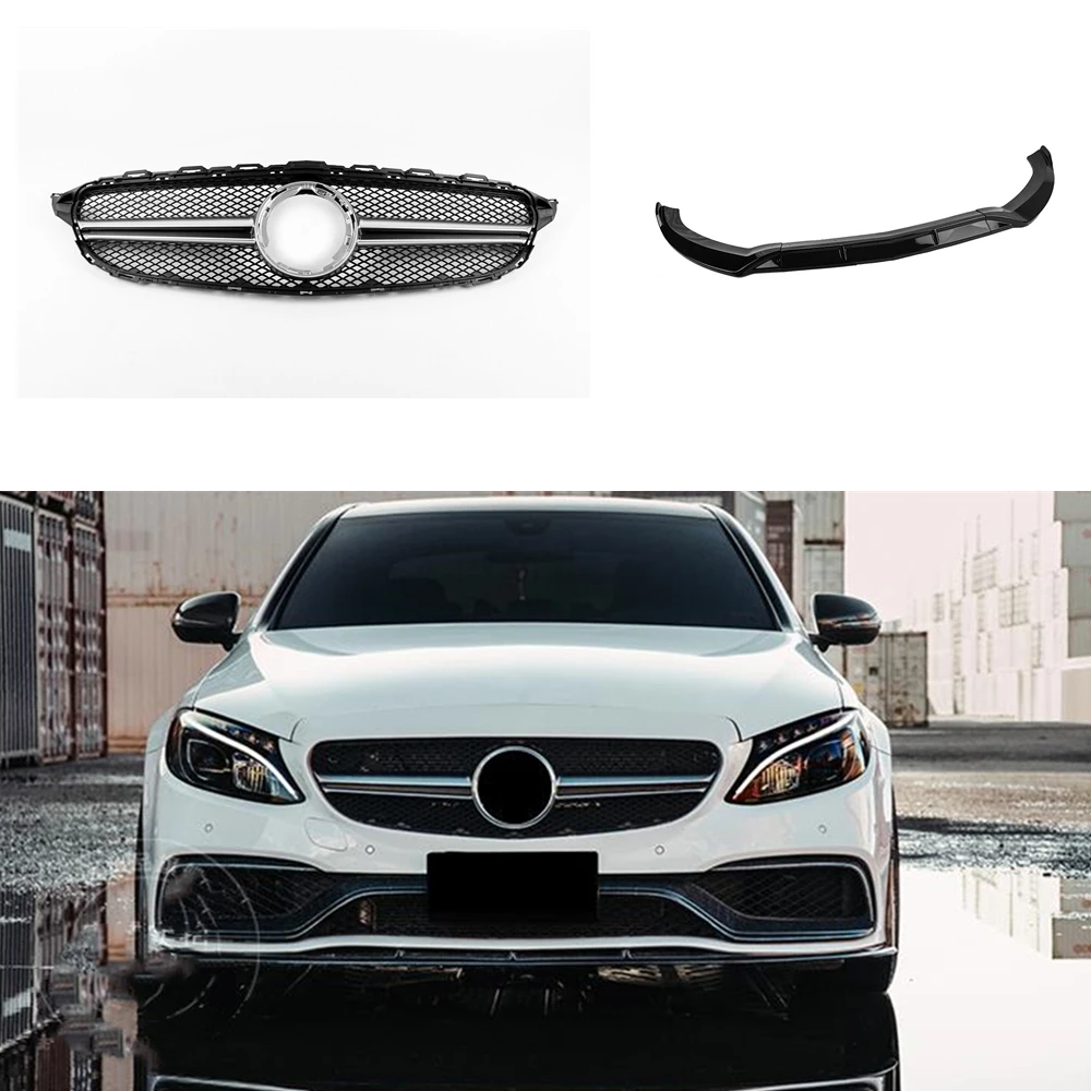 

Silver Front Grille Grill+Gloss Black Lower Bumper Spoiler Lip For Mercedes-Benz W205 C Class 2019-2021 C200 C300 C250 C43 AMG