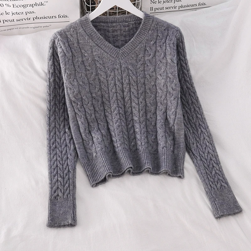 

Lucyever Pullover Women Short Sweater Loose Knit Winter Korean Loose Crop Sweater Fashion V Neck Long Sleeve Jumper Casual Tops