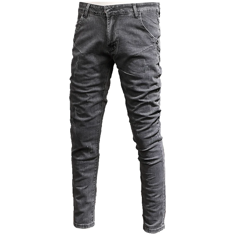 Summer Thin Dark Gray Jeans Men Casual Slim Fit Pencil Pants Mens Streetwear Denim Trousers