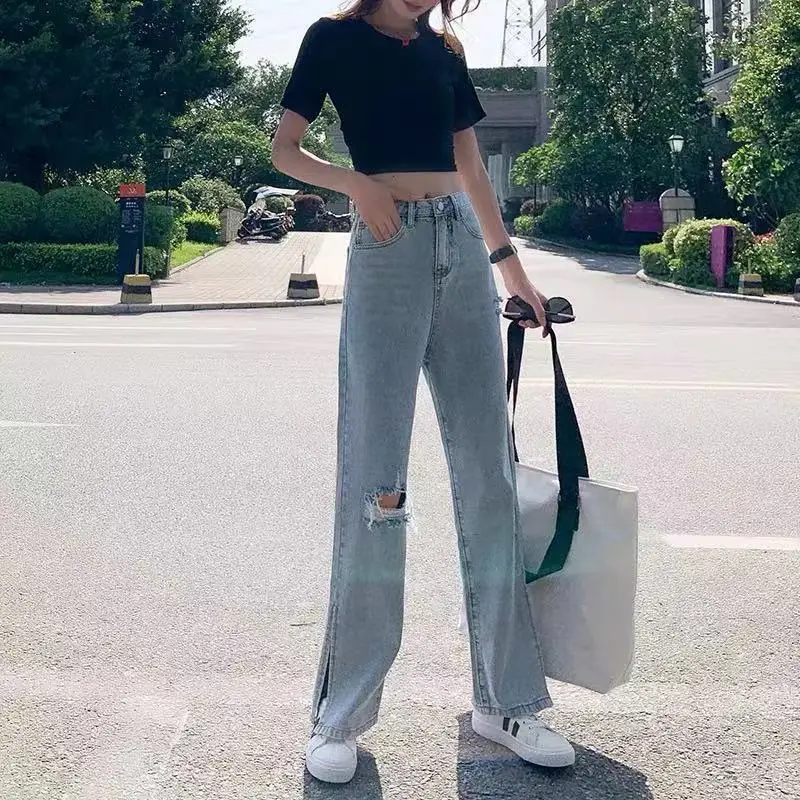 

Pierced jeans women's summer thin straight tube loose wide leg high waist 2021 new split height floor pants[It will be sent out