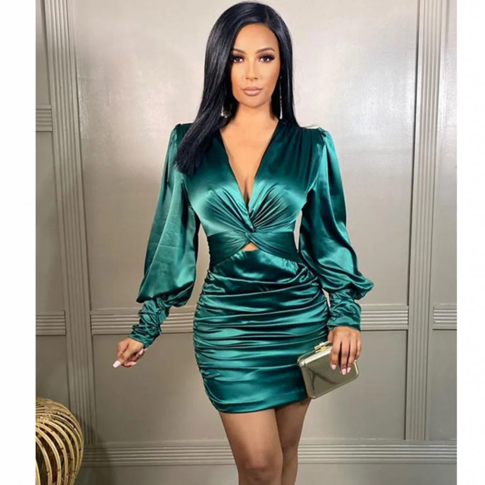 

Однотонное мини-платье с длинным рукавом, женское модное сексуальное облегающее зеленое платье с V-образным вырезом и вырезами, новое синее осеннее платье