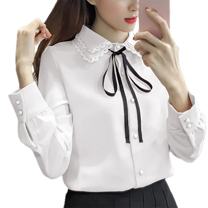 S 4XL новые весенние офисные женские туфли с длинным рукавом рубашка кружевом