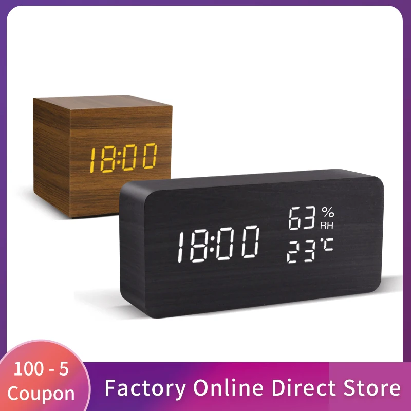 

Alarm Clock LED Wooden Watch Table Voice Control Digital Wood Despertador USB/AAA Powered Electronic Desktop Clocks