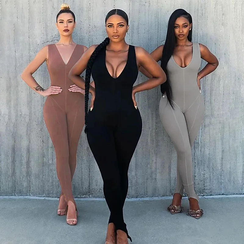 

street wear knitting sexy tracksuit jumpsuits women summer 2020 sleeveless V-neck fitness casual activewear skinny romper female
