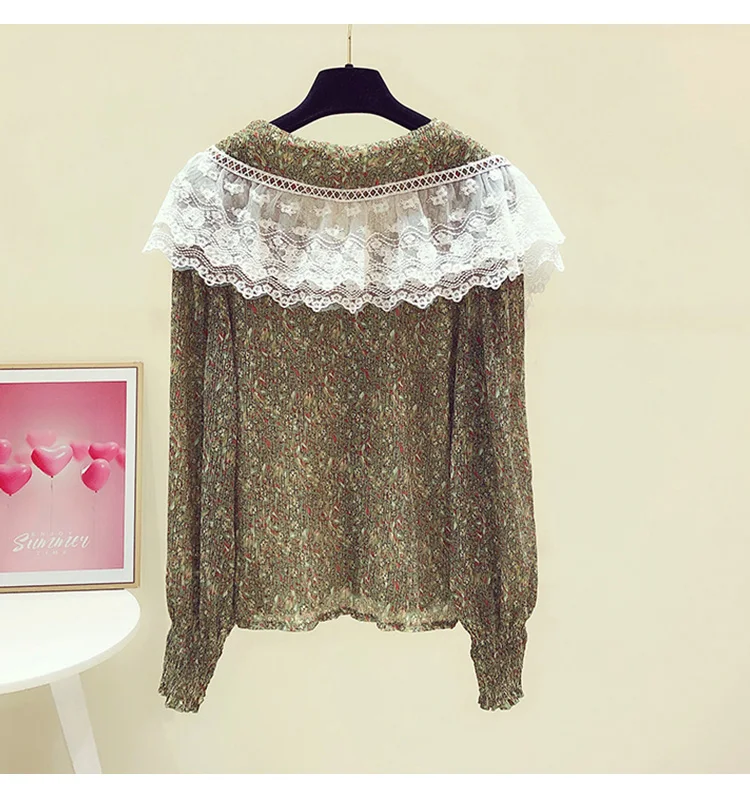 

Floral Shirt for Women 2021 Spring New Elegant Lace Peter Pan Collar Blouse Casual All-Match Large Lapel Top Chiffon Blusas