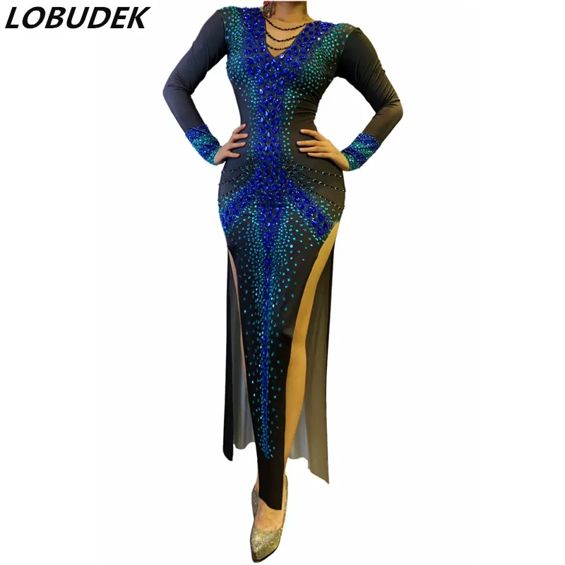 

Blue Rhinestones Long Sleeve Split Long Dress Women Host Birthday Celebration Evening Party Stage Nightclub Performance Costume